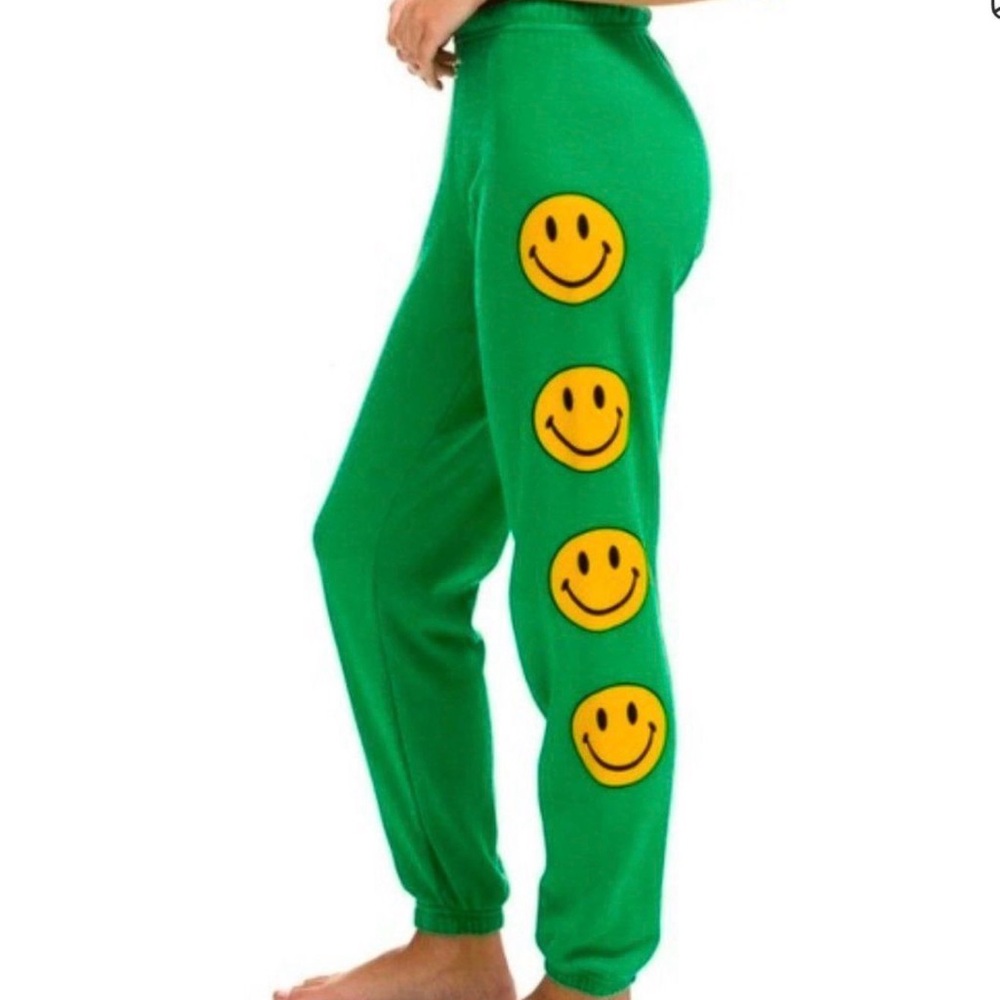 Aviator Nation Green Track Pants with Yellow Smiley Faces